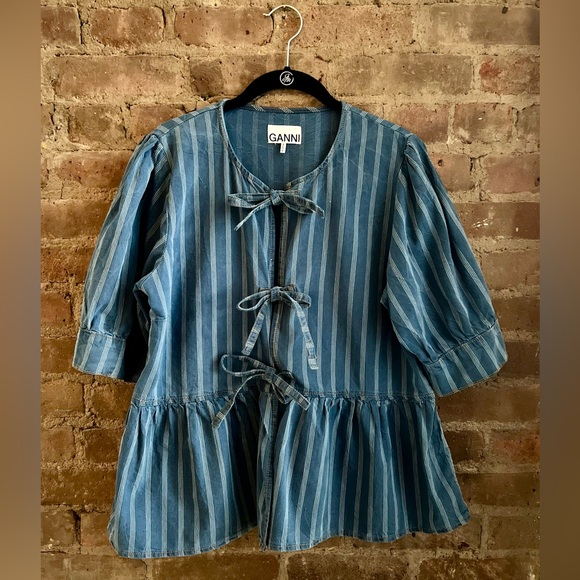 GANNI Striped Denim Peplum Tie Blouse - EU 40 - US 8/10 - Picture 2 of 6